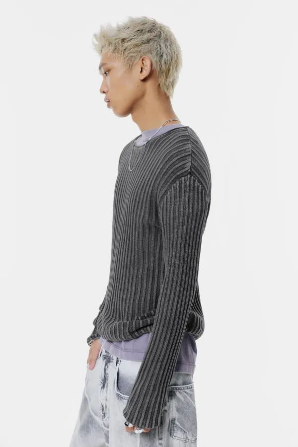 Acid Wash Ribbed Sweater - Black