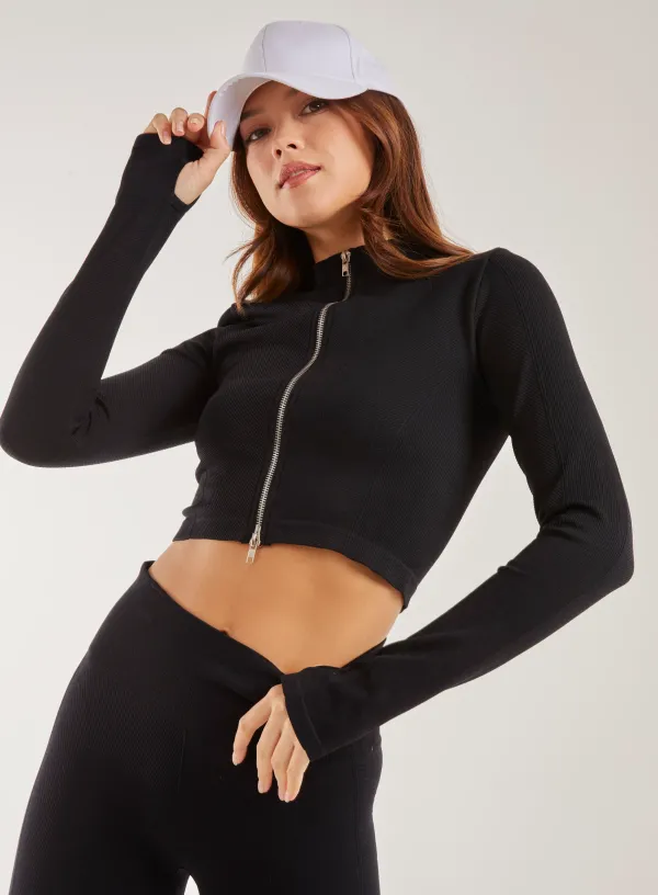 Active Rib Double Zip Top - - BLACK