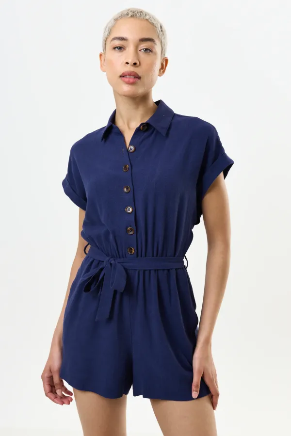 Addie Linen Mix Navy Playsuit