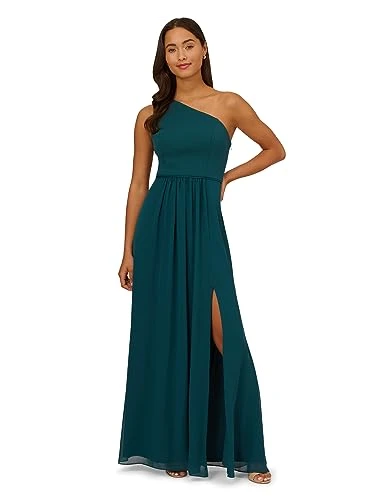 Adrianna Papell Women's One Shoulder Chiffon Gown Special Occasion Dress, Hunter, 8