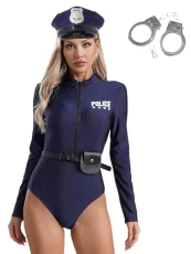 Adult Womens Sexy Cop Costume Long Sleeve Leotard Bodysuit with Belt Purse Police Uniform Outfit Navy Blue L Adult Womens Sexy Cop Costume Long Sleeve Leotard Bodysuit with Belt Purse Police Uniform Outfit Navy Blue L