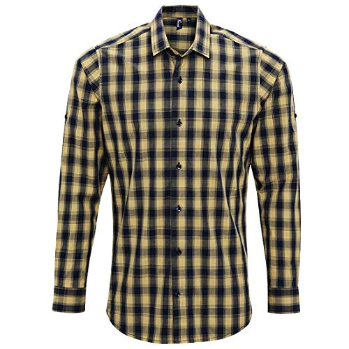 Adults Cotton Check Print Office Wear Shirt Top Mens Long Sleeve Casual Shirt Camel/Navy Medium