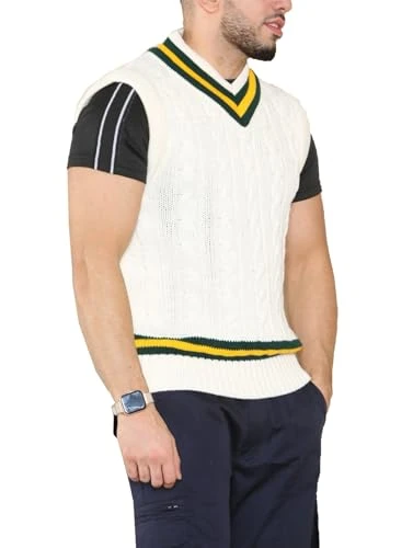 Adults Cricket Cable Knitted Sleeveless Jumper Vest Mens Fancy V Neck Sweater (Green/Yellow UK 16-18