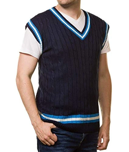 Adults Cricket Cable Knitted Sleeveless Jumper Vest Mens Fancy V Neck Sweater Navy X Large