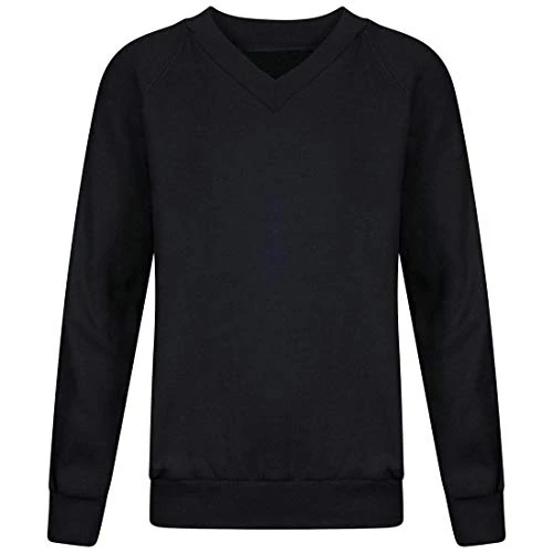 Adults Kids V Neck Plain Sweatshirt Girls Boys School Office Wear Jumper Top Black Large