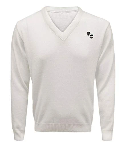 Adults Long Sleeve Knitted Bowling Jumper Mens Fancy V Neck Sports Wear Sweater White X Large