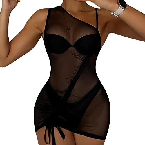 Airy Summer Dress Size 46 Women Rattle Lacing Beach Drawstring Ring One Shoulder Cover Up Dress Cover Mini Dress Beach Wrap Bikini Shiny Wraps Cover-ups for Mesh Dress Beach, black, XL
