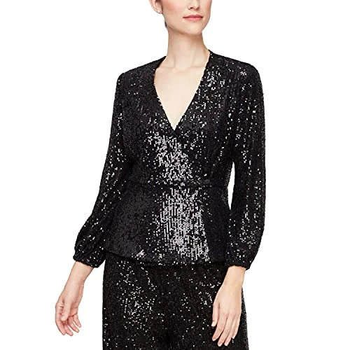 Alex Women's Blouse Dress Shirt, Black Sequin V-Neck, L