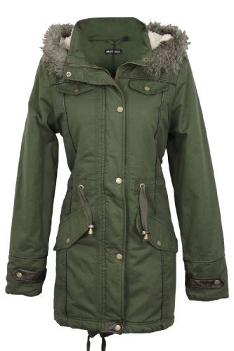 Allure Ladies Faux Fur Parka Coat - Khaki Green -Medium - 12