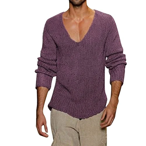 Alpenblitz Men's Casual Cardigan with V-Neck and Long Sleeves, purple, XXL