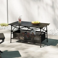 Aluminum Roll-Top Foldable Camping Table with Mesh Shelf - Black