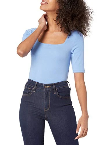 Amazon Essentials Women's Slim-Fit Half Sleeve Square Neck T-Shirt, Blue, M