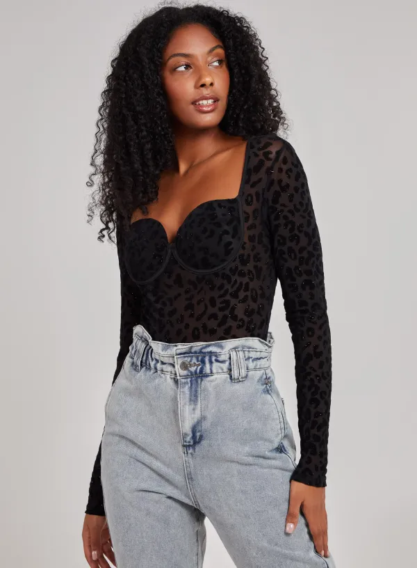 Animal Long Sleeve Bustier Bodysuit - L - Black