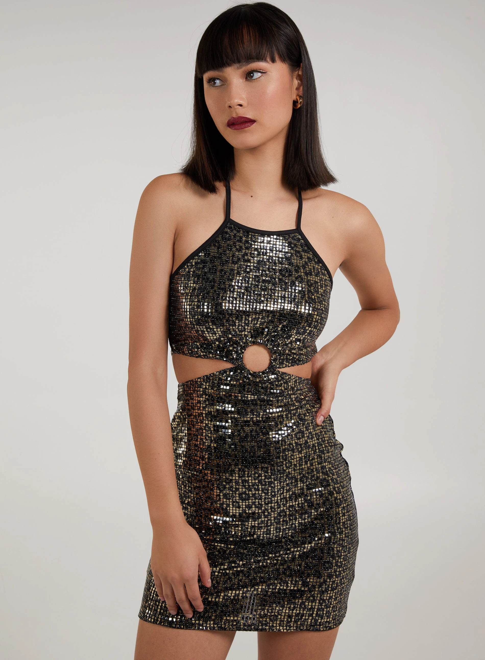 Animal Print Sequin Cut Out Dress  - 6  - Black