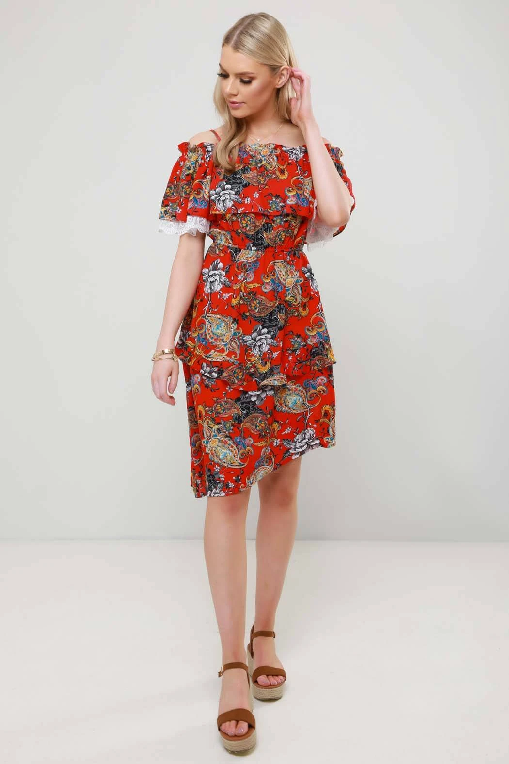 Anita Red Paisley Asymmetric Ruffle Midi Dress /