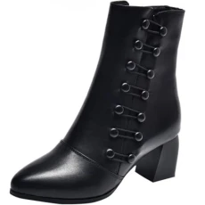 Ankle Boots for Women with Block Heel and Side Zipper Elegant Button Trim Lace Shape Leather Boots B