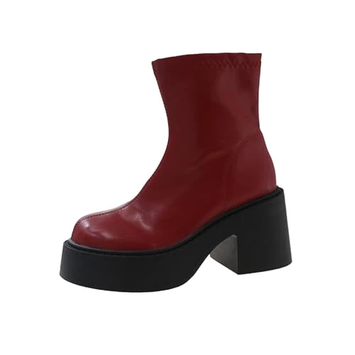 Ankle Cowboy Boots Women Chunky Flexible Casual Chelsea Boot Fashion Boots with Low Heel Ladies Fashion Chunky Block Heel Booties Shoes Arch Support UK Size Casual Shoes Red