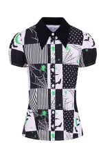 Annie Printed Blouse with Spooky Motifs - Viscose Goth Patchwork Pointed Collar Ladies Tops with Sho