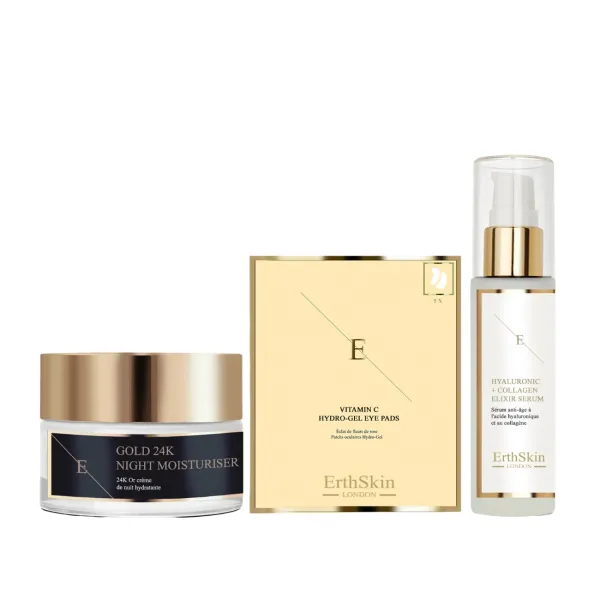 Anti-Wrinkle Night Moisturiser 24k Gold 50ml + Hyaluronic acid & Collagen Serum - 60ml + Vitamin C Hydrogel Eye Pads x - Black