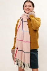 Aoife Fluffy Warm Handle Woven Check Scarf With Tassels - Pink