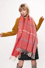 Aoife Fluffy Warm Handle Woven Check Scarf With Tassels - Red