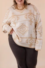 Apricot Plus Size Western Aztec Print Loose Sweater - APRICOT / 1X / 65%ACRYLIC+%POLYAMIDE Apricot Plus Size Western Aztec Print Loose Sweater - APRICOT / 1X / 65%ACRYLIC+%POLYAMIDE