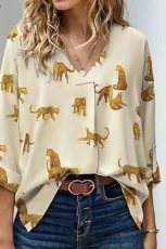 Apricot Printed Leopard Print Tab Sleeve Loose Fit V Neck Blouse - APRICOT PRINTED / / 100%POLYESTER