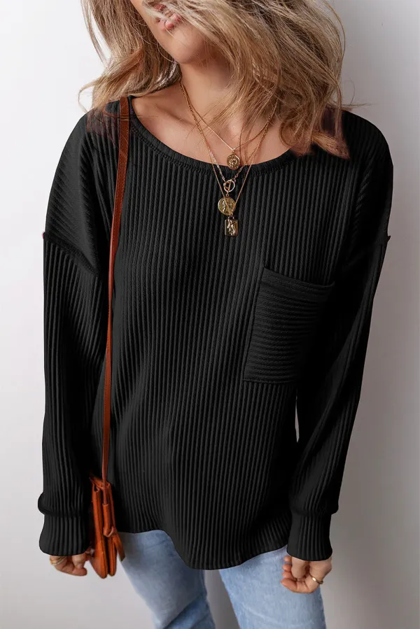 Apricot Solid Colour Ribbed Drop Shoulder Long Sleeve Top - Black / 2XL / 95%Polyester+%Elastane