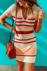 Apricot Striped Ribbed Knit V Neck Bodycon Mini Dress - APRICOT / / 89%VISCOSE+%POLYAMIDE