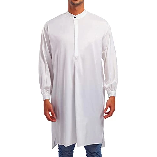 Arabic Style Fashion Simple Long Men's Shirt Solid Muslim Robe Mens Shirts Tall Men's Robes White
