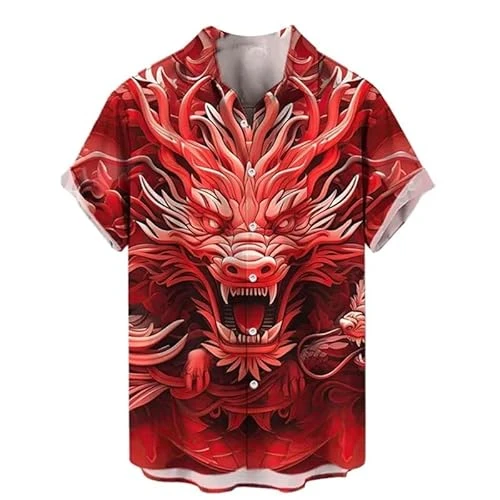 Art Orient Dragon Printed Hawaiian Shirts for Men Summer Red Dragon 3D Print Lapel Shirt Street Loos