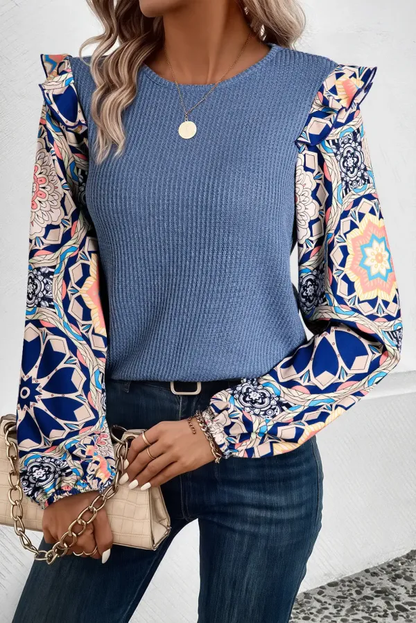 Ashleigh Blue Ruffled Floral Sleeve Patchwork Waffle Knit O Neck Blouse - ASHLEIGH BLUE / / 100%POLYESTER - ASHLEIGH BLUE