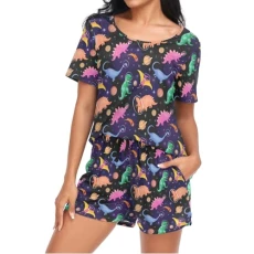 Astronauts Dinosaur Planets Womens Pyjamas Sets Short Sleeves, Ladies Pajamas Pjs Set Loungewear with Pocket Size XL