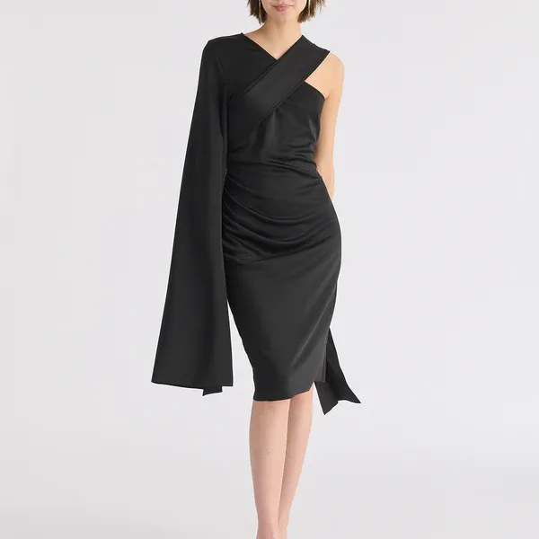 Asymmetric draped cape sleeve dress