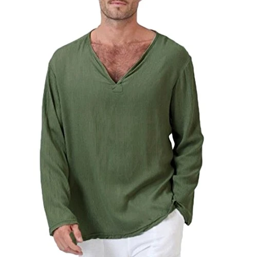 Autumn Mens Daily Leisure Suit Handsome Cool T-Shirt Cotton Linen Thai Hippie Shirt V-Neck Beach Yoga Top Blouse(Army Green,S)