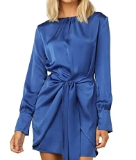 Autumn Winter Women Long Sleeve Satin Mini Dress Tie Waist Shift Vintage Party Short Dress with Belt(Medium,RoyalBlue)