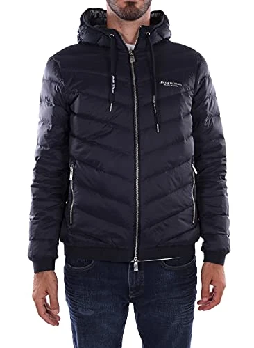 A|X  Men's Hooded Quilted Down Milano/New York Logo Zip-up Jacket, Navy/Melange Grey, M