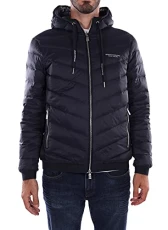 A|X Men's Hooded Quilted Down Milano/New York Logo Zip-up Jacket, Navy/Melange Grey, M A|X Men's Hooded Quilted Down Milano/New York Logo Zip-up Jacket, Navy/Melange Grey, M