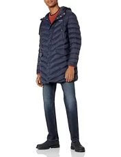 A|X Men's Long Drawstring Quilted Milano/New York Logo Zip-up Nylon Jacket, Deep Navy, XS A|X Men's Long Drawstring Quilted Milano/New York Logo Zip-up Nylon Jacket, Deep Navy, XS