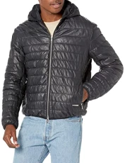 A|X Men's Quilted Leather Puffer Jacket, Navy Blue, XL A|X Men's Quilted Leather Puffer Jacket, Navy Blue, XL