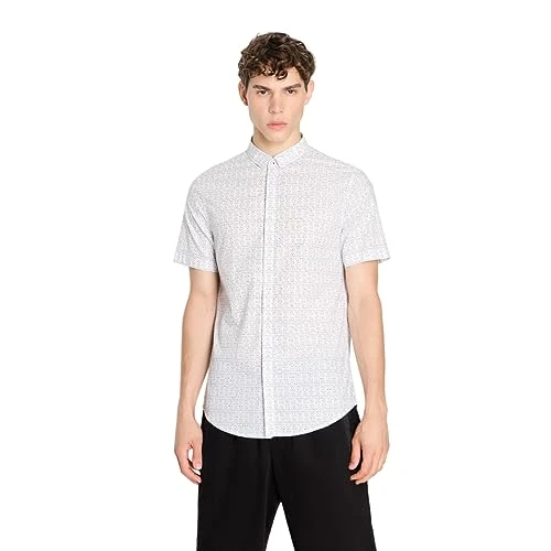 A|X  Men's Slim Fit Stretch Cotton Poplin Printed Short Sleeve Summer Woven Shirt, White Ax, S