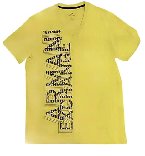 A|X  Men's V Neck T-Shirt with Large Vertical Stencil AX Logo, Ceylon Yellow, S