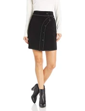 A|X  Women's Mini Skirt with Curved Button Front Placket, Black, 4