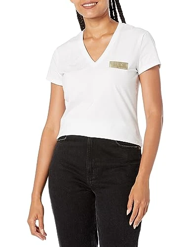 A|X  Women's Slim Fit Stretch Cotton Metallic Logo Patch V Neck Tee, White, XS