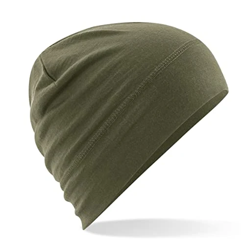 - B370 - Military Green Merino Wool Beanie Hat - Unisex Winter Hat, Lightweight Performance and One Size Beenie Hat - Double Layer - Made of 100% Merino Wool