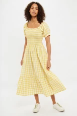 Babette Picnic Checked Shirred Bodice Midi Dress - Yellow