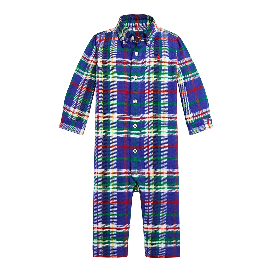 Baby Boy&prime; Blue Plaid Cotton Flannel Coveralls