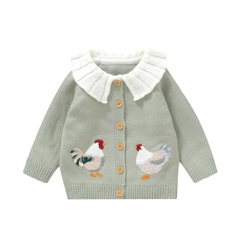 Baby Girl Knit Cardigan Doll Collar Knitted Crochet Button Tops Fall Winter Warm Sweater Coat Chicken Embroidery Clothes (Green, 9-12 Months)