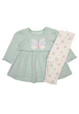 Baby Girl Mint Butterfly Dress and Cream Floral Leggings Set