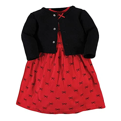 Baby Girl Quilted Cardigan and Dress, Red Black Bows, 4 Toddler